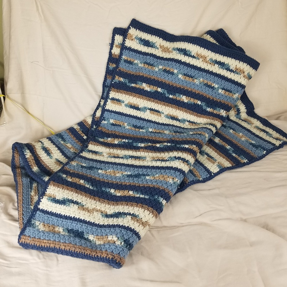 Handmade Crocheted Lap Blanket Afghan Large Blue Cream New Heavy Striped Throw